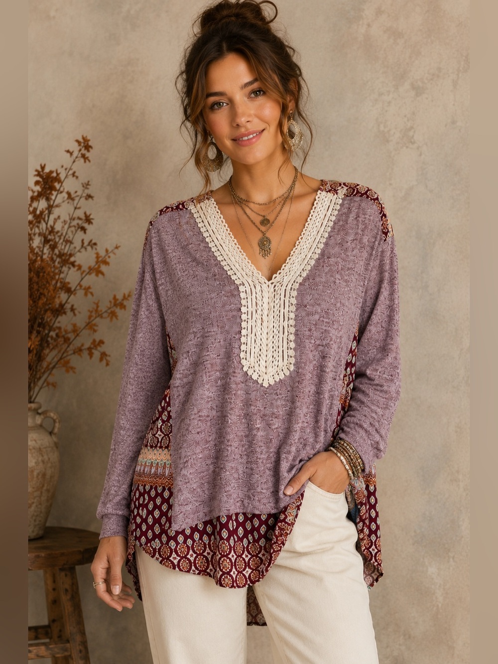 Entro Boho Lace Crochet Tunic Top Hi Low Mixed Media Burgundy Mauve Size M